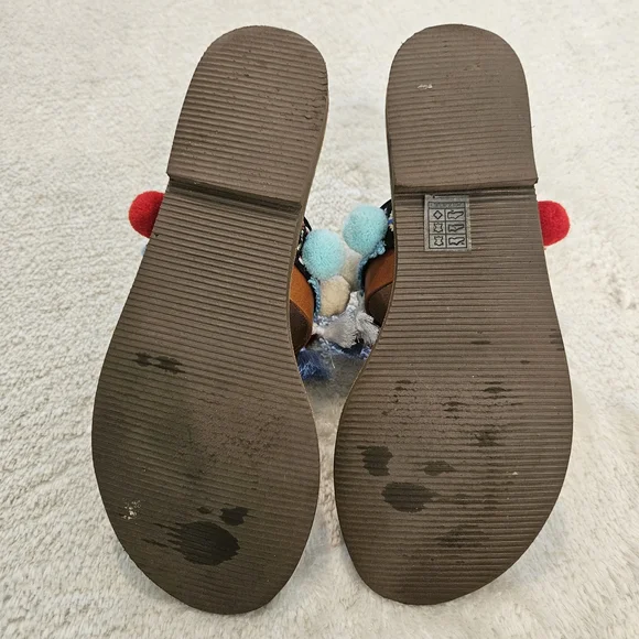 Brown Leather Pom Pom Sandals Colorful Size 9 Bohemian Tassel Western Summer - Picture 7 of 10